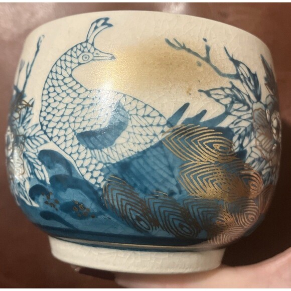 2 Vintage Kutani Japanese Tea cups peacock gold Teal Blues 3x3 Asian Art ceramic - Picture 4 of 16